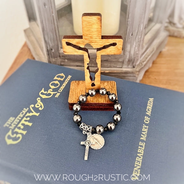 Gift Set - Mini Pocket Decade Rosary with 3.5 inch Standing Crucifix