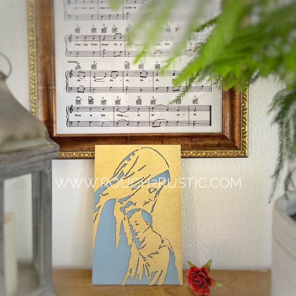 Wood Blessed Mother and Baby Jesus Portrait