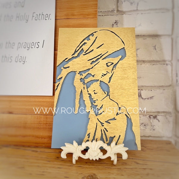 Wood Blessed Mother and Baby Jesus Portrait