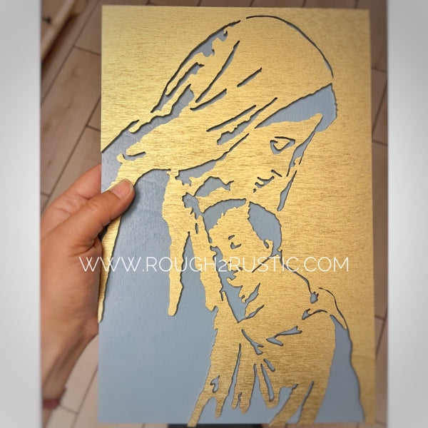 Wood Blessed Mother and Baby Jesus Portrait
