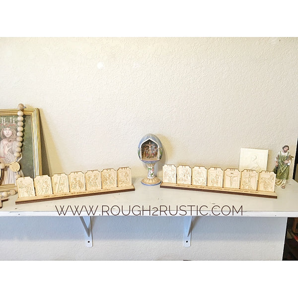 Natural wood engraved Stations of the Cross