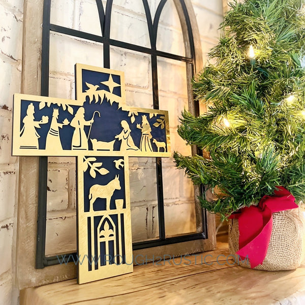 Folk Art Style 12.5 Inch Nativity Cross