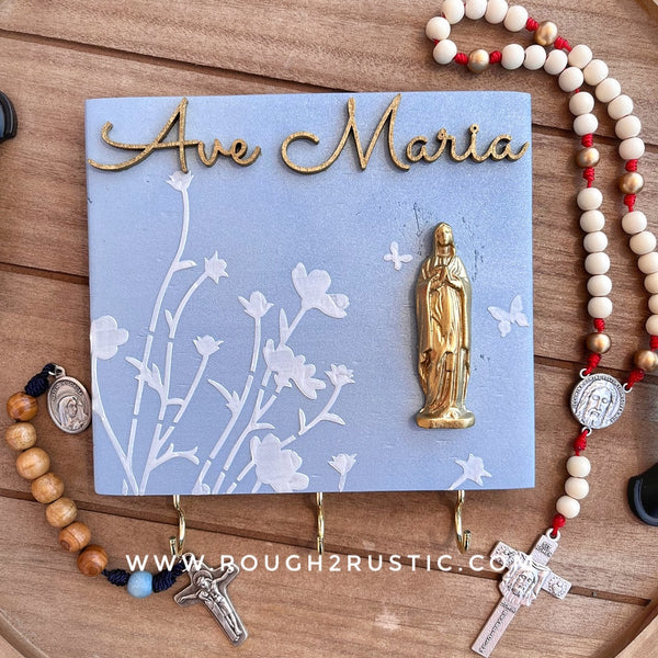 Mary’s Butterfly Garden Floral Textured Art and Rosary Hanger