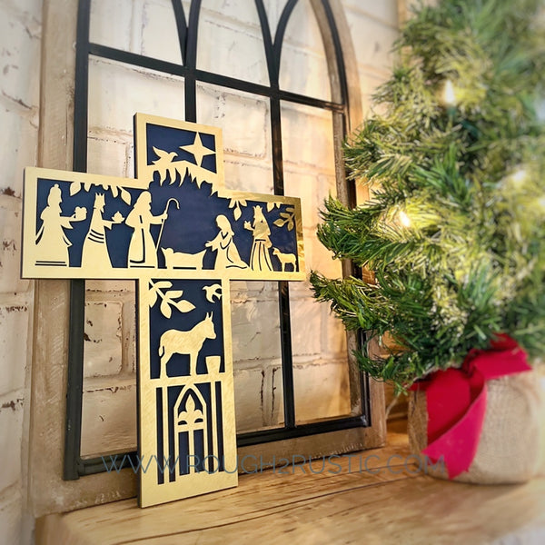 Folk Art Style 12.5 Inch Nativity Cross