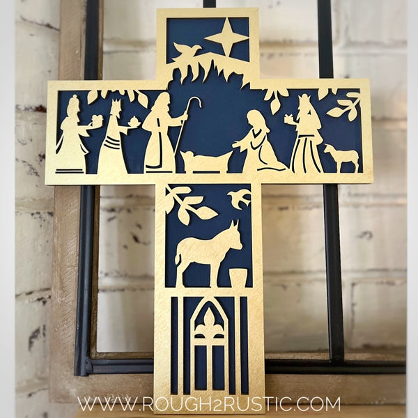 Folk Art Style 12.5 Inch Nativity Cross