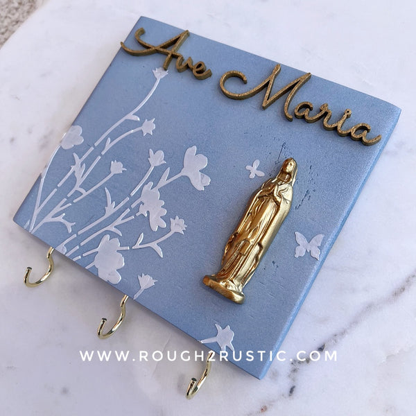 Mary’s Butterfly Garden Floral Textured Art and Rosary Hanger