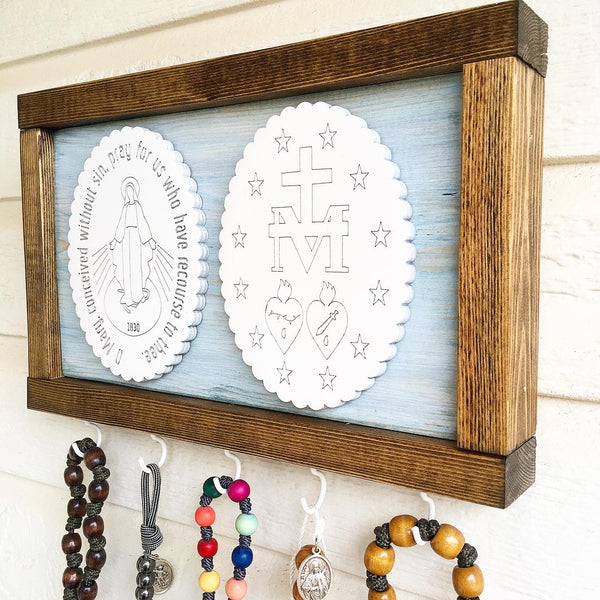 PREORDER…Blue/White/Brown Miraculous Medal Rosary Hanger