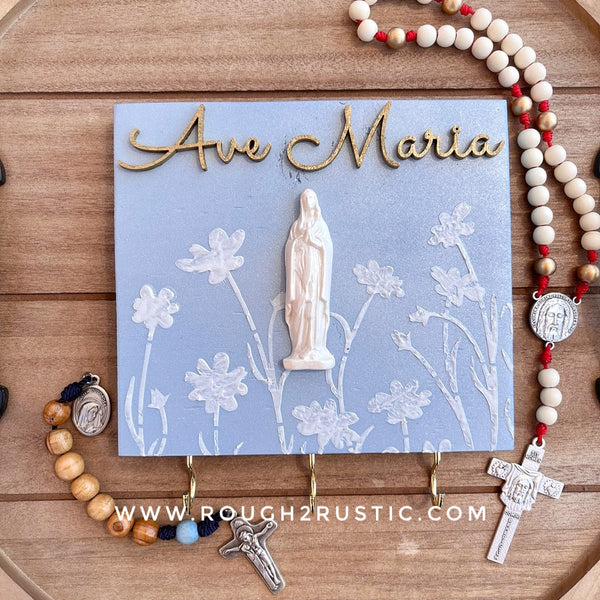 Preorder…Mary’s Garden Floral Textured Art and Rosary Hanger