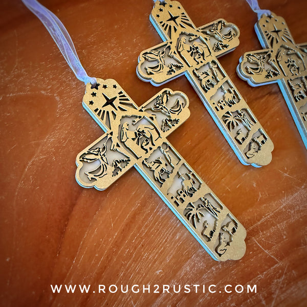 Layered 5 inch Nativity Cross Ornament