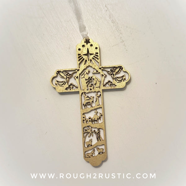 Layered 5 inch Nativity Cross Ornament