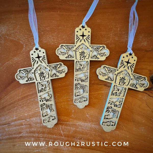 Layered 5 inch Nativity Cross Ornament