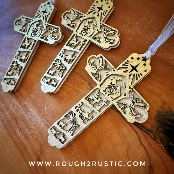 Layered 5 inch Nativity Cross Ornament