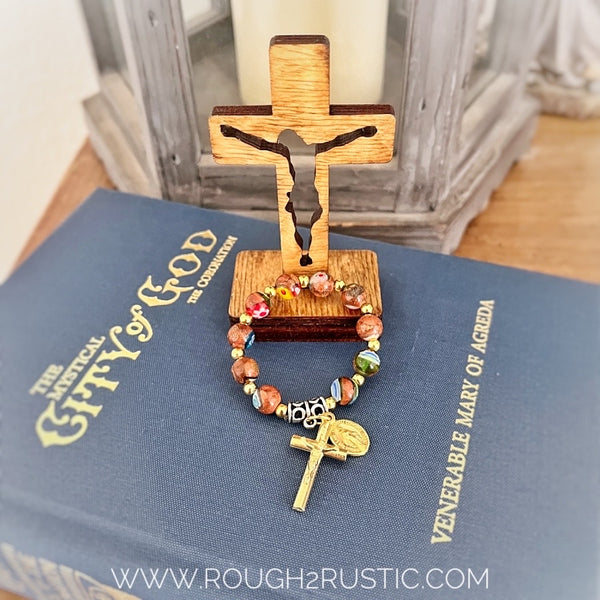 Gift Set - Mini Pocket Decade Rosary with 3.5 inch Standing Crucifix