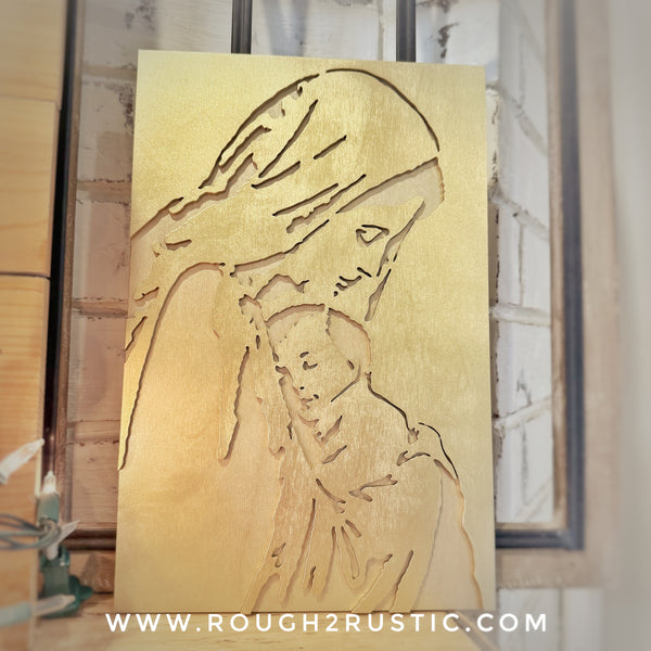 Wood Blessed Mother and Baby Jesus Portrait