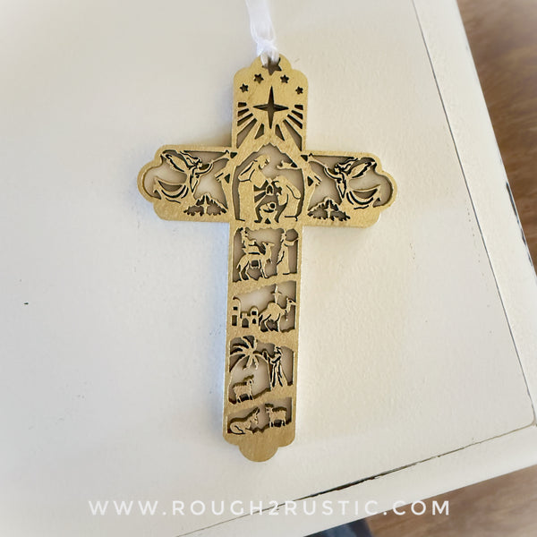 Layered 5 inch Nativity Cross Ornament