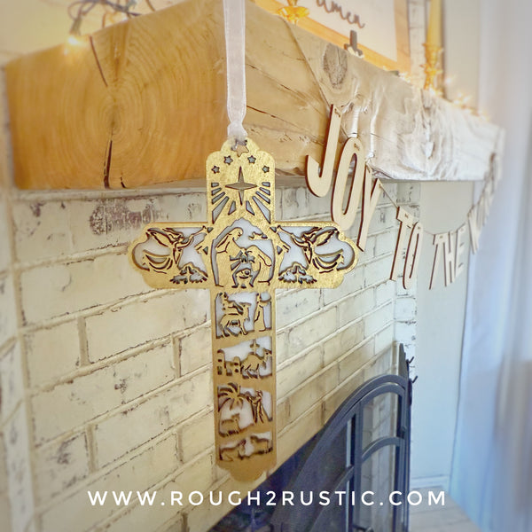 Layered 5 inch Nativity Cross Ornament