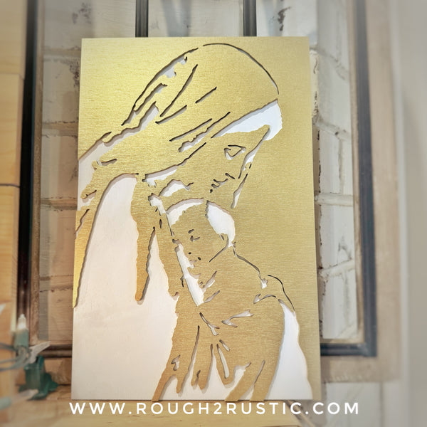 Wood Blessed Mother and Baby Jesus Portrait