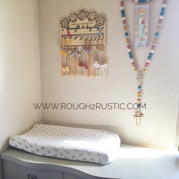 "She is clothed in strength & dignity" Macramé Bow, Rosary, Jewelry Holder