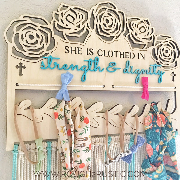 "She is clothed in strength & dignity" Macramé Bow, Rosary, Jewelry Holder