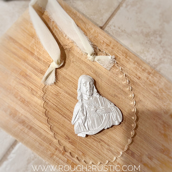 Sacred Heart and Immaculate Heart Intaglio on Scalloped Edge Acrylic Wall Hanging