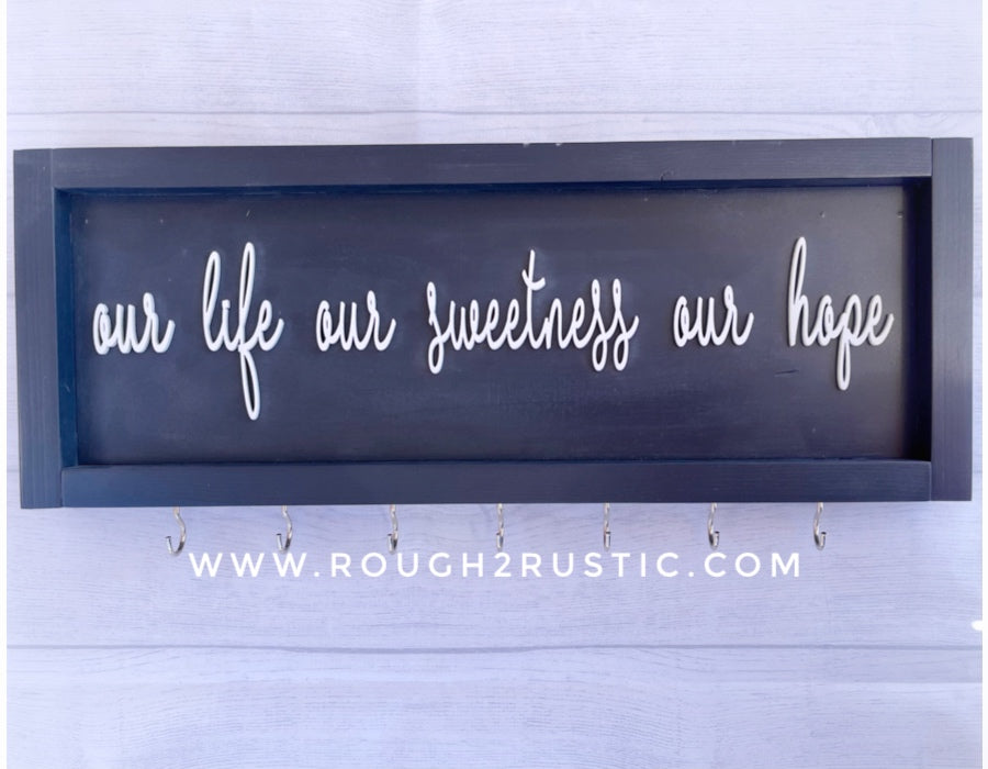 Dark Slate/White Our Life Our Sweetness Our Hope (Hail, Holy Queen) Rosary Hanger