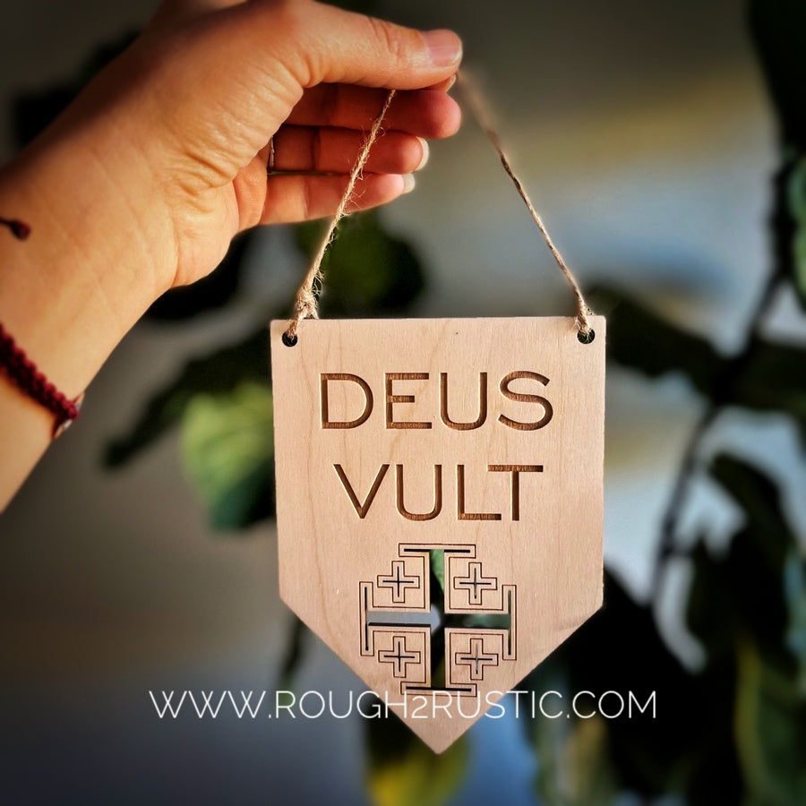 Mini Deus Vult Wood Banner with Jerusalem Cross
