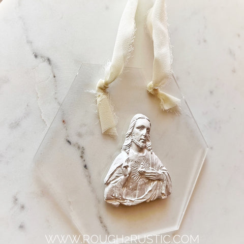 Sacred Heart and Immaculate Heart Intaglio on Hexagonal Acrylic Wall Hanging