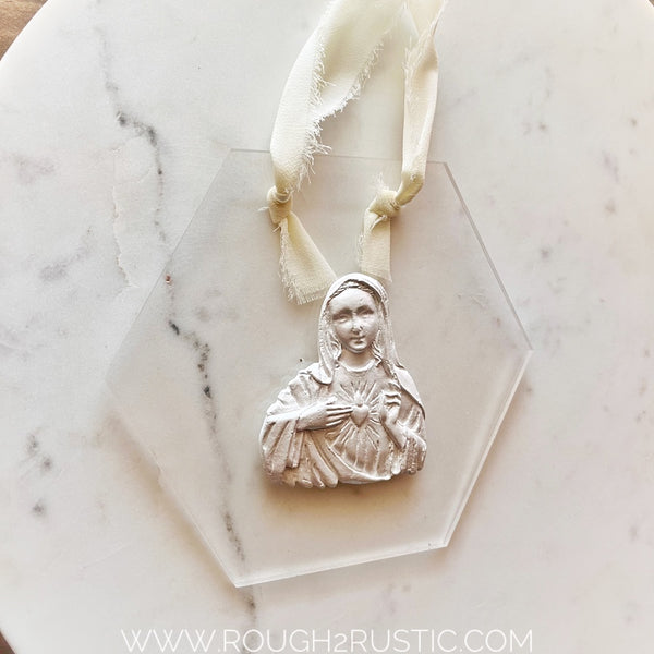 Sacred Heart and Immaculate Heart Intaglio on Hexagonal Acrylic Wall Hanging