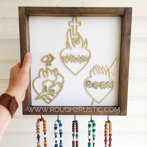 Gold/White/Brown Holy Family Hearts Rosary Hanger