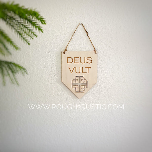 Mini Deus Vult Wood Banner with Jerusalem Cross
