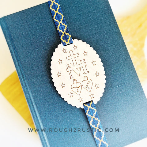 Miraculous Medal - +M Side - Engraved Wood Bookmark
