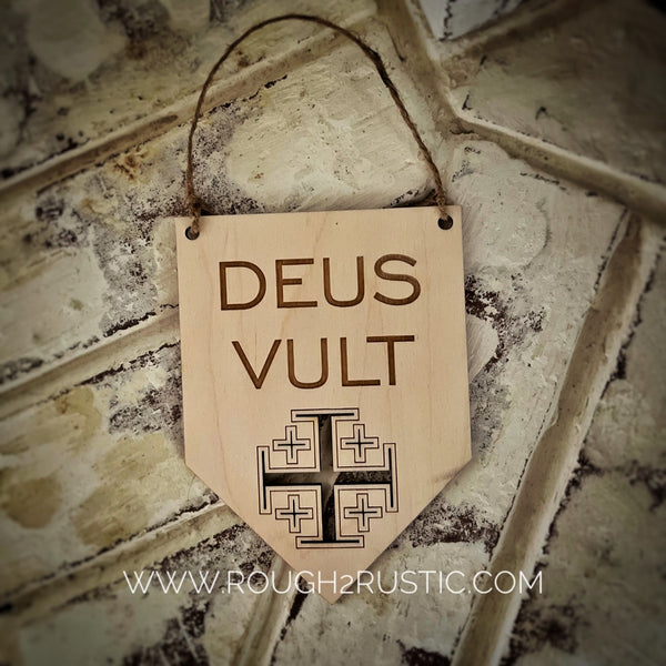Mini Deus Vult Wood Banner with Jerusalem Cross