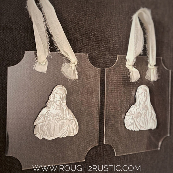 Sacred Heart and Immaculate Heart Intaglio on Rectangular Acrylic Wall Hanging